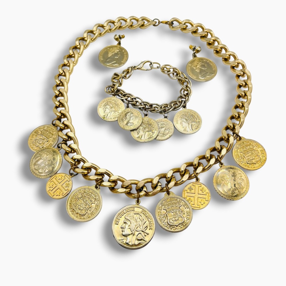 Vintage Gold Coin Charm Necklace Bracelet Earrings Set Chunky Curb Link Chain